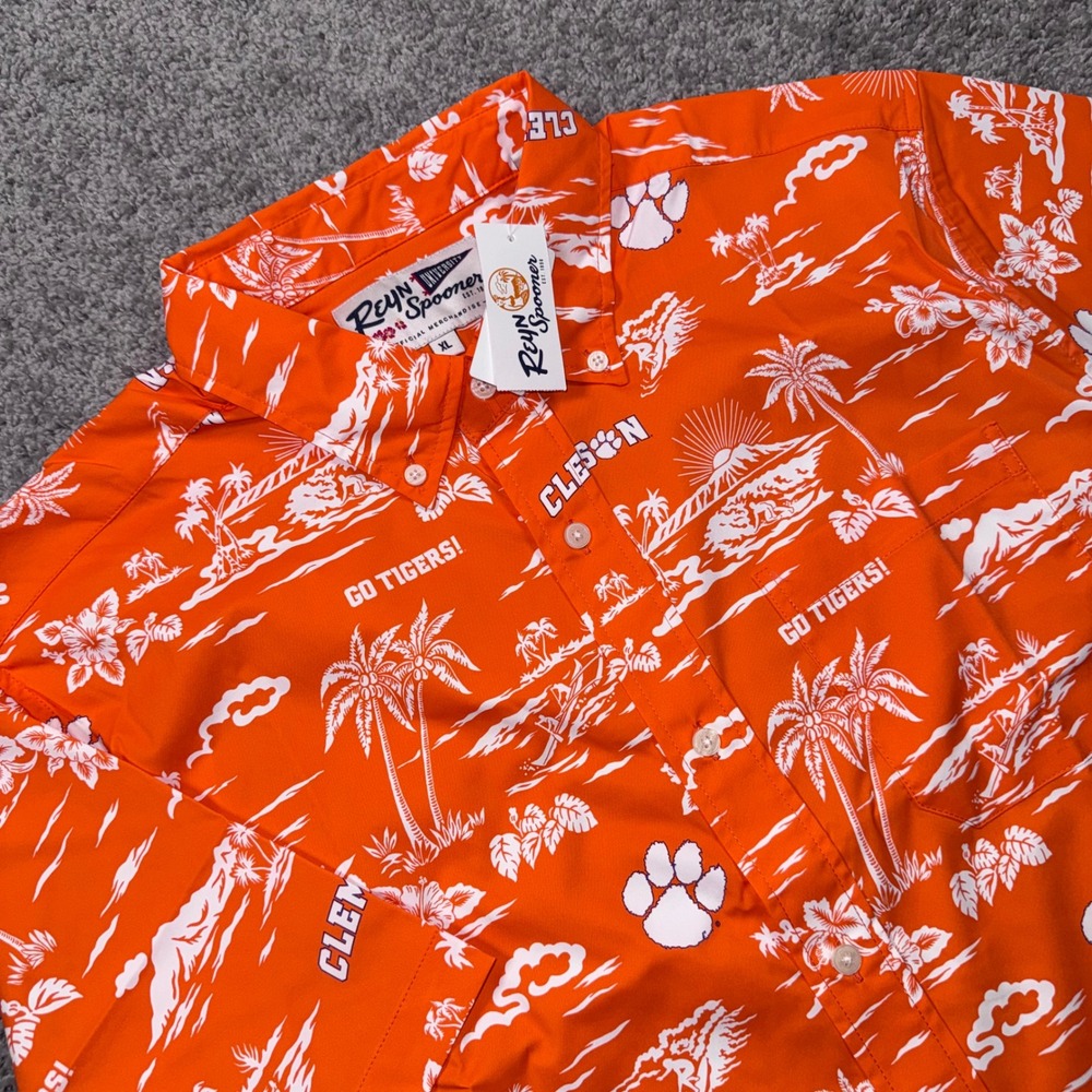 Clemson University Reyn Spooner Shirt Mens Stretch Aloha Orange XL NEW